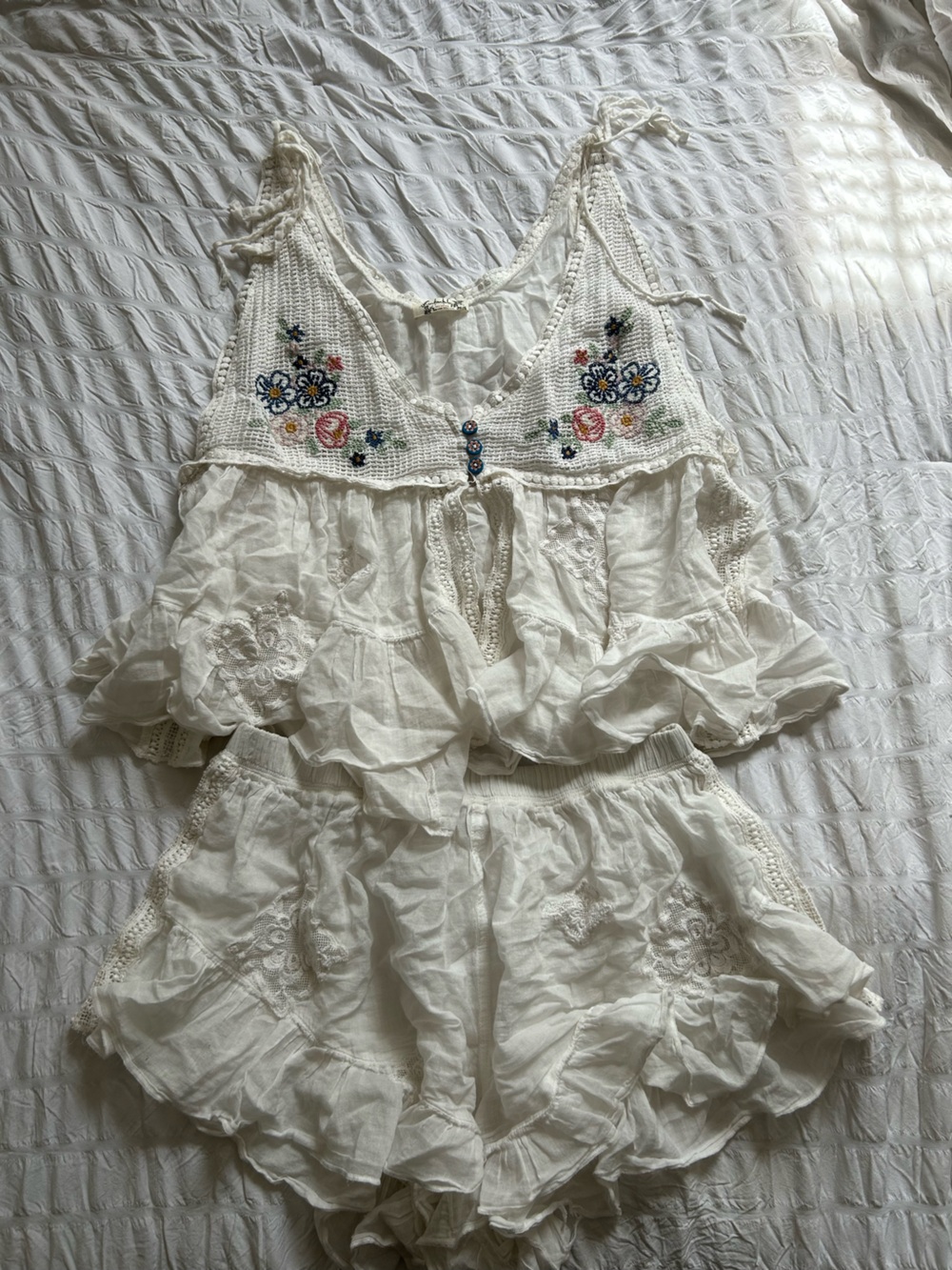 Free People White Embroidered Boho Crochet Top and Bottoms - Picture 1 of 5